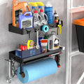 ZUNTO Pack of 2 Black Paper Towel Holder and Organizer Shelf for Garage, Wall Mounted Paper Roll Holder with Shelf and Hooks, Drilling Garage Organization and Storage