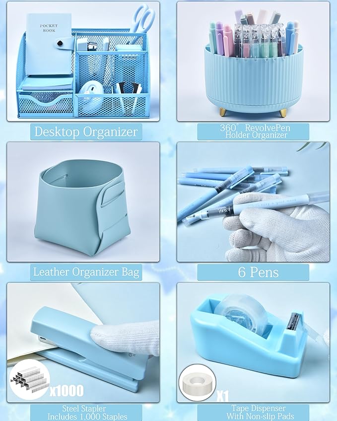 LXEVIHK 20Pcs Blue Desk Organizers and Accessories With Mesh Desk Organizer and 360°Rotating Pen Holder and a Lot of Office Blue Office Supplies Beautifully Presented in a Gift Box