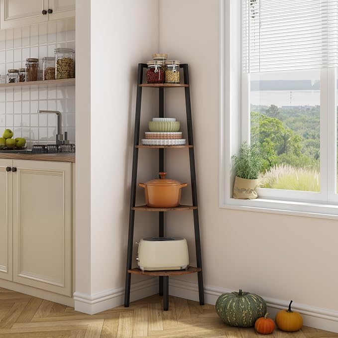 Hoctieon Corner Shelf, 4-Tier Corner Bookshelf, Rustic Ladder Shelf, Industrial Display Stand for Living Room, Kitchen, Home Office, Balcony, Small Space, Metal Frame, Rustic Brown