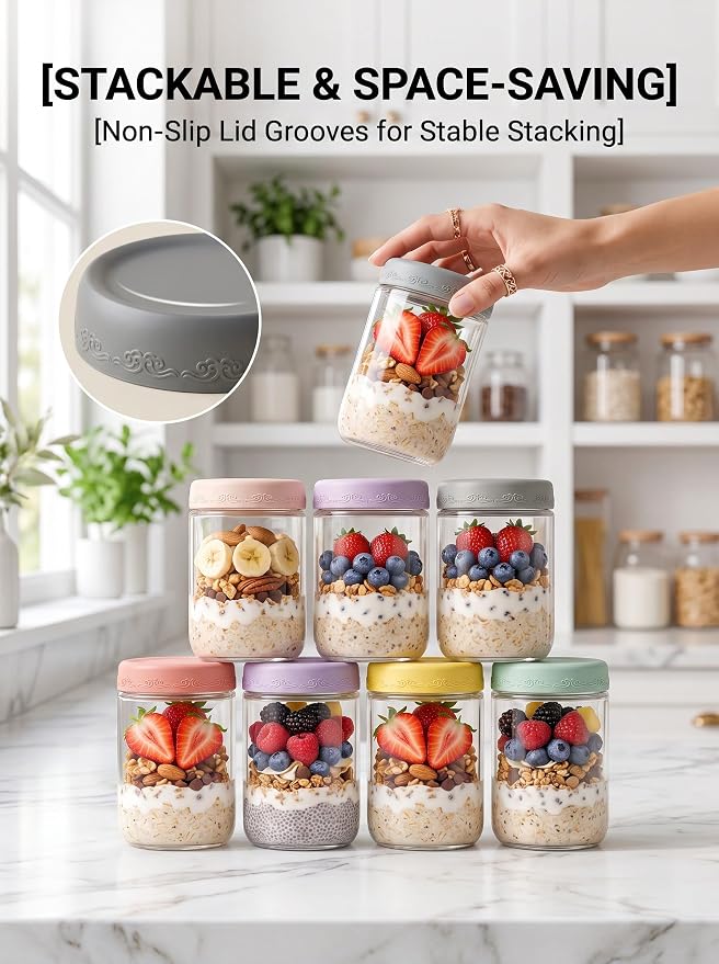 16oz 12-Pack Glass Overnight Oats Jars Containers with Airtight Leakproof Lids, Reusable Mason Jars for Meal Prep, Yogurt Parfaits, Smoothies, Salads & Healthy Breakfasts (D-16oz 12-Pack)
