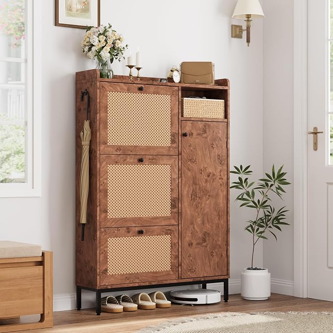 GarveeHome Shoe Cabinet Rattan with 3 Flip Drawers and 4-Tier Shoe Storage Cabinet, Freestanding Shoe Organizer with Adjustable Shelves for Entryway, Closet, Hallway (Tree Pomegranate)