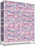 WLIVE Storage Organizer Unit with 11 Fabric Bins, Storage Drawers Organizer with Steel Frame, Tall Storage Tower Organizaton for Living Room, Hallway, Office, Tie-dye Print (Pink, Purple, Blue)