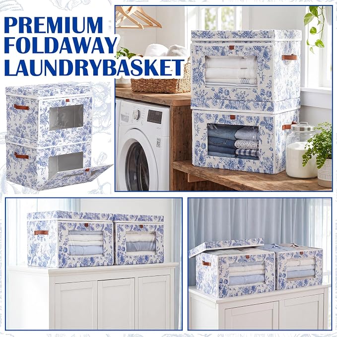 Domensi 2 Pack Blue Floral Large Storage Bins with Lids Handles Blue and White Porcelain Storage Boxes 16.5x11.8x11 Inch Foldable Fabric Basket Decorative Organizer for Clothes Nursery Dorm(Window)