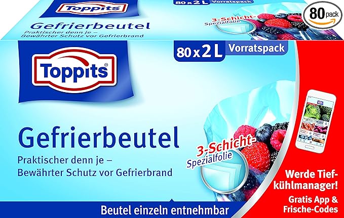 Melitta Toppits Freezer Bags Storage Pack, 2L, 80 Reusable Pieces, Stand-Alone, Transparent, Tear-Resistant 3-Layer Polyethylene Film
