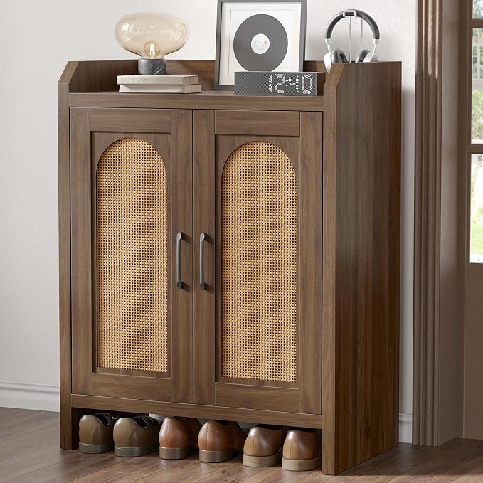 Mericonia Shoe Cabinet Storage for Entryway, Natural Rattan Storage Cabinet, Wooden Shoe Rack, Farmhouse Boho Wood Shoe Organizer Cabinet for Hallway Walnut