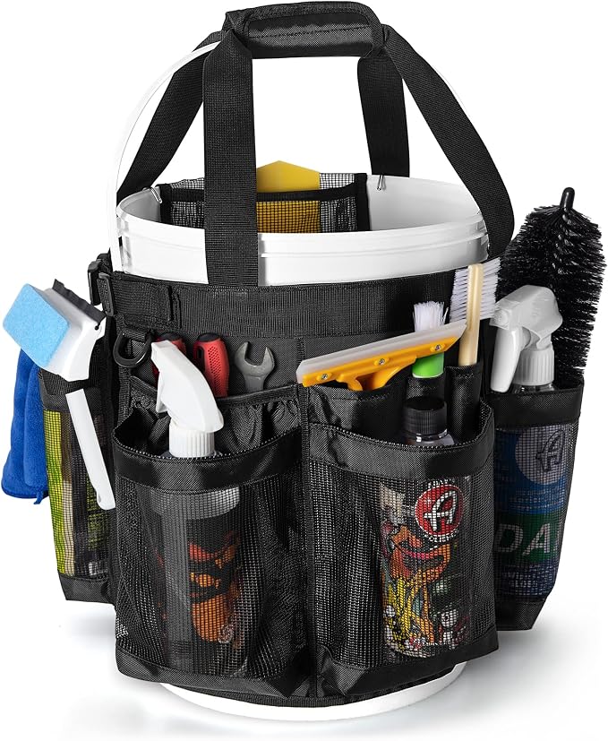 HODRANT 5 Gallon Bucket Organizer with Anti-fall Hooks & Buckle | Car Wash Bucket Caddy with Mesh Pockets, 5 Gallon Cleaning Tools Bag for Home, Auto, Garden & Fishing