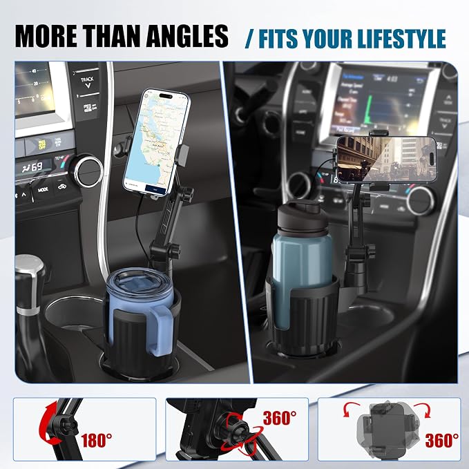 2 in 1 Auto-Clamping Cup Phone Holder for Car, 15W Fast Wireless Charging Cup Holder Phone Mount with Type-C Cable, Adjustable Car Cup Expander for Large Bottles