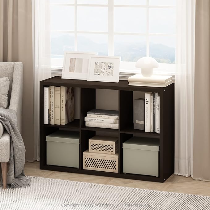 Furinno CUBICLE 6-Cube Book Shelf, Extra Thick Frame Bookshelf, Dark Oak | 14.6" x 44" x 30", Horizontally & Vertically Reversible Bookcase with Open Back, for Living Room, Bedroom, Home Office