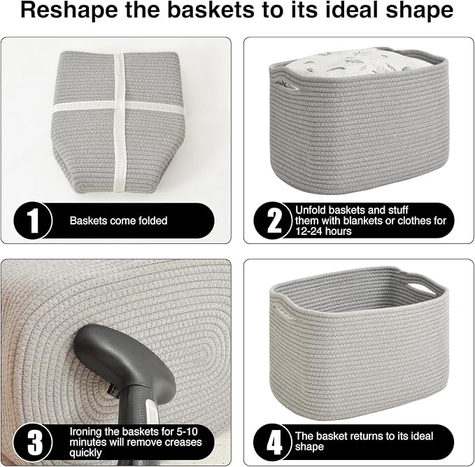 ICERZCZ Storage Baskets for Organizing & Shelves, Woven Cotton Rope Organization Bins for Dog Toys, Clothes, Books, Nursery Organizer, 15" Lx11 Wx9.5 H, (4 Packs) Grey