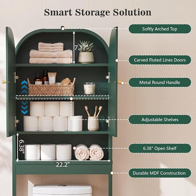 Over the Toilet Storage Cabinet, 70" Tall Bathroom Space Saver with Fluted Grooved Doors, Freestanding Over Toilet Organizer with Adjustable Shelves & Soft-Close Hinges for Small Bathrooms (Green)