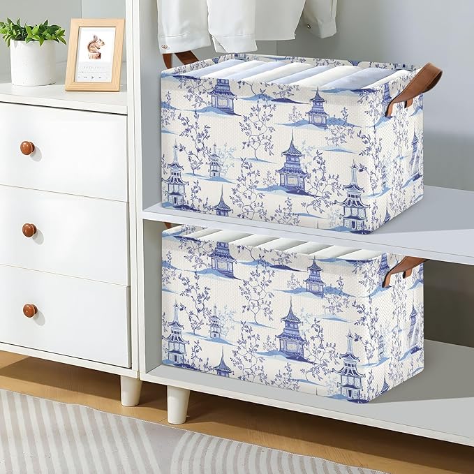 Chinoiserie Padogas Willow Tree Blue Storage Basket Foldable Cube Storage Bins with Handles&Label Waterproof Collapsible Organizer Box Bin Large Rectangle Decorative Baskets for Shelves Home Room,2 PC
