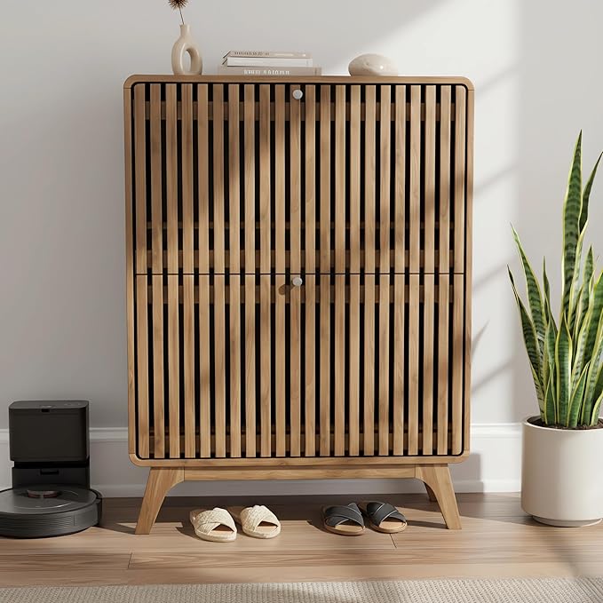 Jluomei Fluted Narrow Shoe Cabinet for Entryway, Slim Wood Shoe Storage Cabinet with Flip Drawers, Bamboo Thin Shoe Rack Organizer for Entry Way, Hallway, Hidden, Walnut