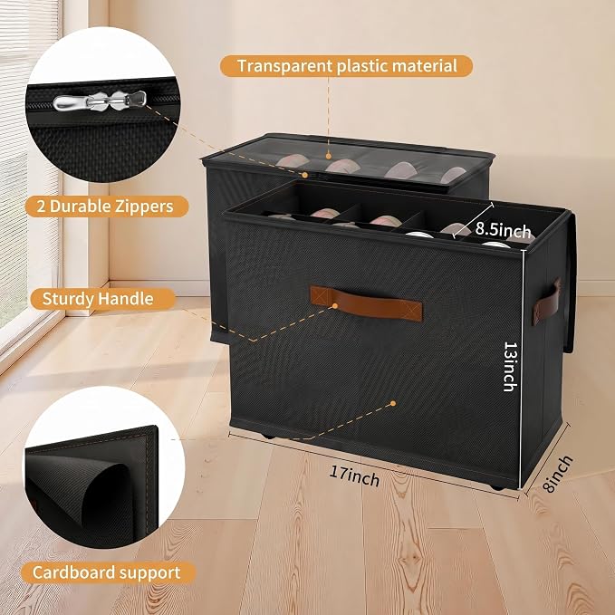 EE-RoomWorld 2 Pack rolling shoe rack on wheels,No Assemble Required shoe organizer for closet with wheels，Adjustable Dividers Fits 16 Pairs,boot Storage Bins with Reinforced Handle
