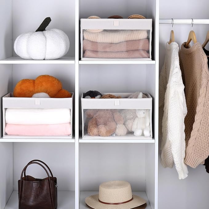 WUIKE 6-Pack Closet Storage Bins with Window, Beige Large | 14.57"L x 10"W x 8.6"H, Durable Fabric Baskets,Linen Closet Organizers and Storage for Clothes, Purses, and Blankets
