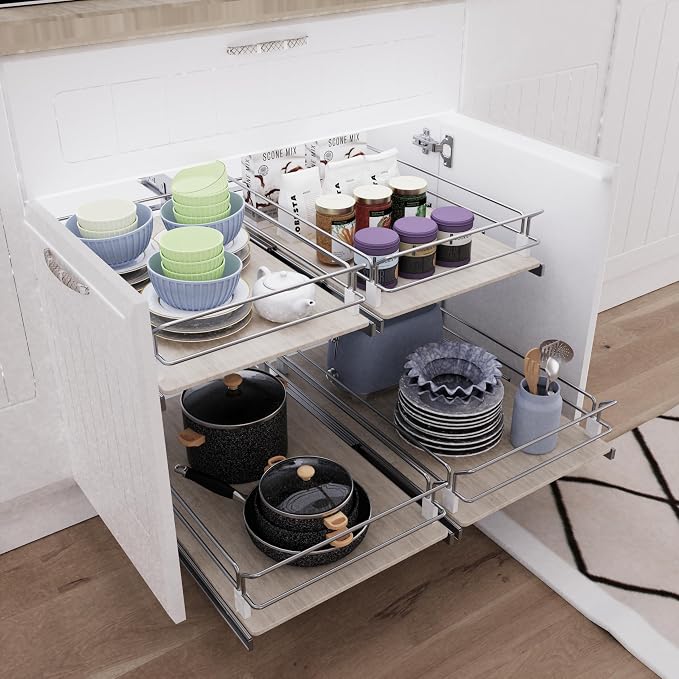 Pull Out Cabinet Organizer 10.87" W X 22" D, Wood & Chrome | Full Slide Out Drawers For Kitchen Cabinets, Cabinets Capacity Heavy Duty Caddy, Cabinet Pullout Shelves , Pantry Storage
