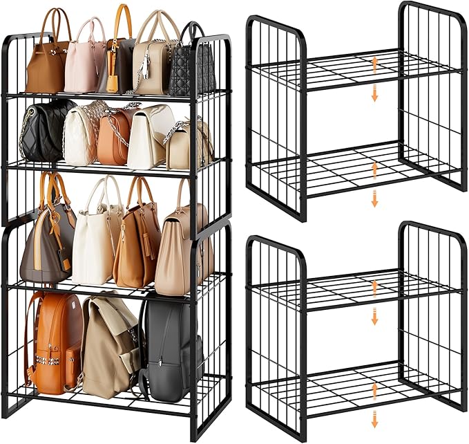 HapiRm Adjustable Purse Organizer for Closet - Purse Rack with Stackable & Separable Design, Large Capacity 4 Tier Handbag Organizer for Various of bags, Space-Saving bag rack for Home
