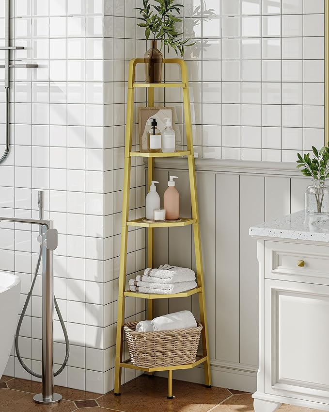 CHOEZON 5-Tier Corner Shelf, 59.6” Corner Storage Stand, Floorstanding Dispaly Rack, Tempered Glass Corner Bookshelf, Open Plant Stand, for Living Room, Bedroom, Study, Bathroom, Gold TCJ21GJ