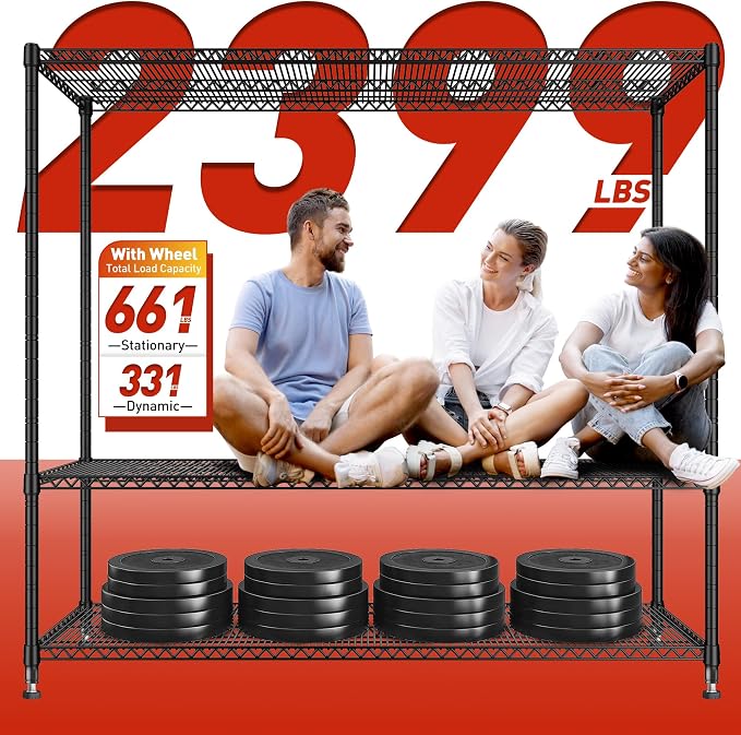 REIBII 60''W Storage Shelves 2399LBS Wire Shelving with Wheels Garage Shelving Heavy Duty Metal Shelves for Storage Rack Adjustable Shelf for Commercial Garage Kitchen, 60" W x 18" D x 65.5" H