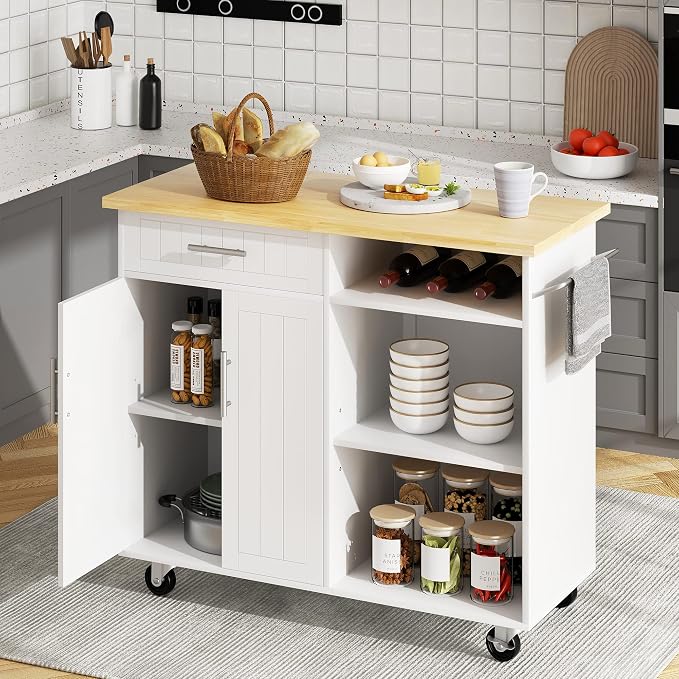 SUNLEI Kitchen Island on Wheels with Storage Cabinet & Drawer, 42" Multifunction Kitchen Cart Cabinet with Shelves, Cart Handle for Towel Rack or Free Mobility, Portable Islands for Kitchen(White)