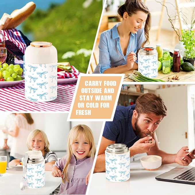 Blue Ribbon Bow Vacuum Insulated Food Jar with Spoon, 17oz Stainless Steel Hot Cold Lunch Container, Wide Mouth Leakproof Soup Thermo for Kids Adults