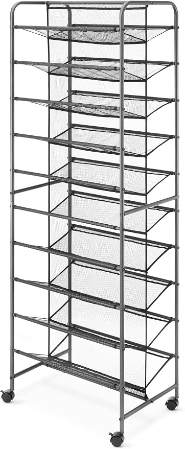 Whitmor 10 Tier Double-Sided Shoe Cart with Lockable Wheels, Gunmetal Rolling Shoe Organizer with Patented Mesh Back, Freestanding Storage for Garage, Bedroom, or Closet, 17" W×24.6" L×63.78" H