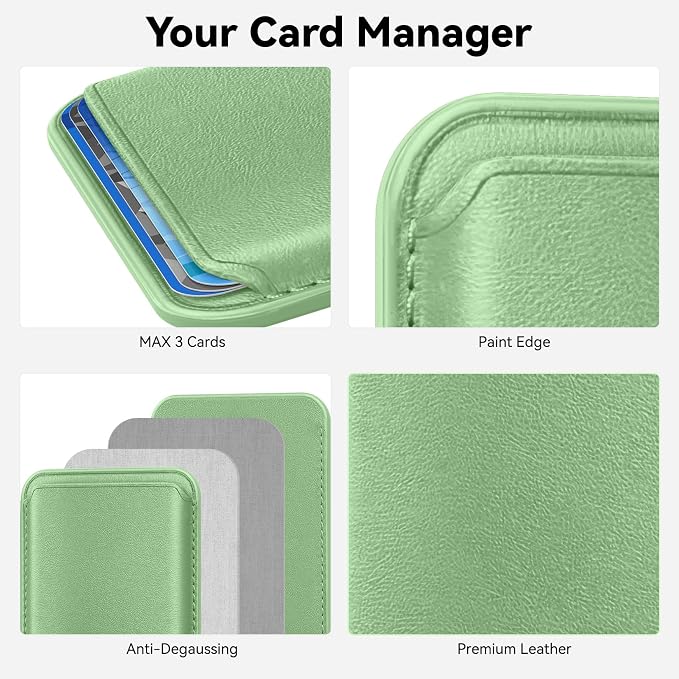 Magnetic Wallet Cell Phone Card Holder for Phone Case with Mag-Safe, Stronger Magnetic RFID Leather Phone Wallet Stick on Series of iPhone 17/16/15/14/13/12 and Pro/Promax,Light Green
