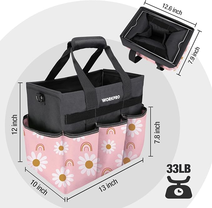 WORKPRO Garden Tool Bag, 10 Pockets and Shoulder Strap, Floral Pink | Heavy Duty Gardening Organizer Tote Bag Standable Garden Home Tool Kits Organizer - Pink Ribbon