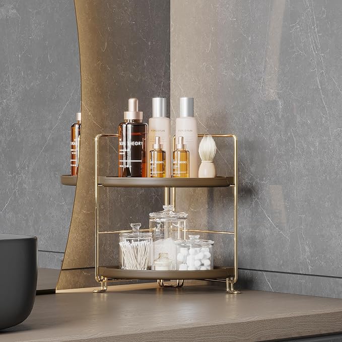 FSyueyun 2-Tier Corner Bathroom Counter Organizer (Gold & Brown) | Vanity Organizer and Storage for Countertop, Small Plastic Bathroom Trayp, Tool-Free Assembly Space Saving Corner Shelf
