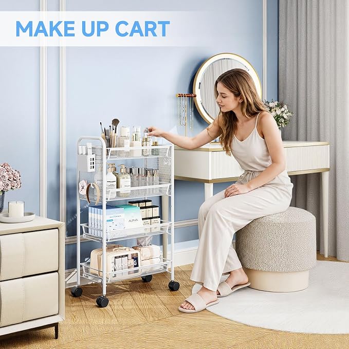4 Tier Metal Rolling Utility Cart - Heavy Duty Storage Trolley with Pegboard, 4 Hooks & 1 Bin, Mobile Organizer Shelves for Bathroom Kitchen Office Craft Room Laundry