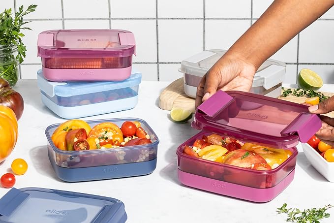 Ello Plastic 3.7 Cup Meal Prep Set 10 Pc, BPA Free Plastic Food Storage Container with Silicone Boot and Airtight Lids, Dishwasher, Microwave, and Freezer Safe, Elderberry (Pack of 2)
