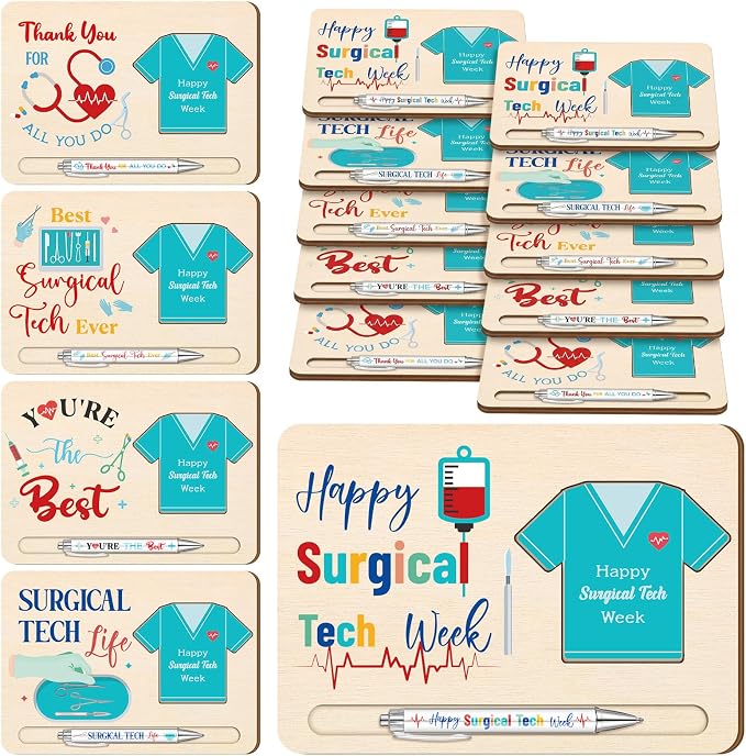 Kosiz 10 Set Happy Surgical Tech Week Gifts Bulk Wooden Inspirational Sticky Note Holder Set for Surgical Technologist Thank You Appreciation Gifts for Technology Staff Doctors Nurses Students
