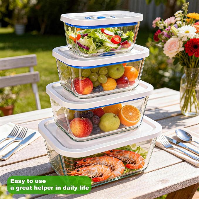 Elmond Borosilicate Glass Vacuum Containers (4-Size Set S M L XL)– Universal Compatible with Nozzles 2.4-3.8cm/0.95-1.5 in – For Handheld & Desktop Sealers