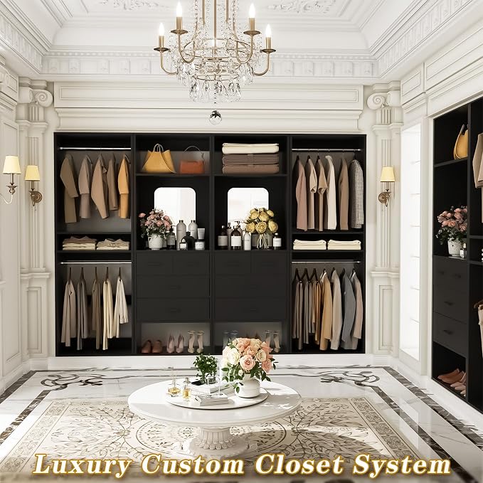 Unikito 100” Closet System with Drawers, 8.3FT Wood Closet Organizer with Hanging Rods and Mirror Design, Reversible Large Walk in Wardrobe Garment Rack with Shelves, Sturdy Closet Tower, Black