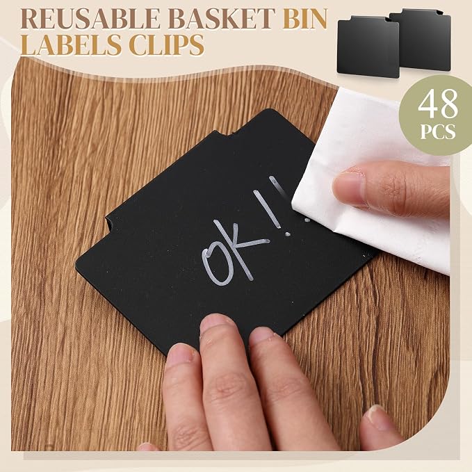 Siifert 50 Pcs Basket Labels Clip Set for Storage Bins - Include 48 Removable PVC Bin Label Holders with 2 Chalk Markers for Kitchen Pantry Organization Labeling Box Shelf (Black)