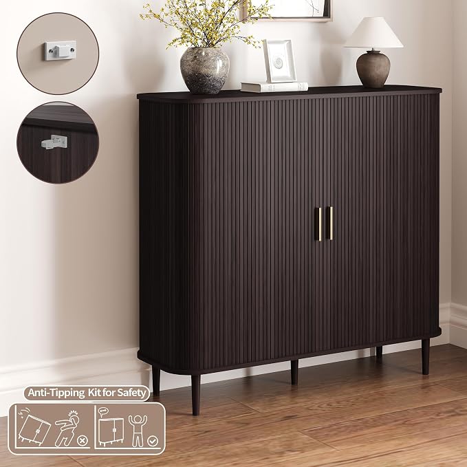 DHH Shoe Storage Cabinet with Sliding Door, 6-Tier Shoe Cabinet with Adjustable Shelves, Modern Freestanding Shoe Storage Organizer for Entryway, Hallway, Living Room (Dark Walnut, 47 ")