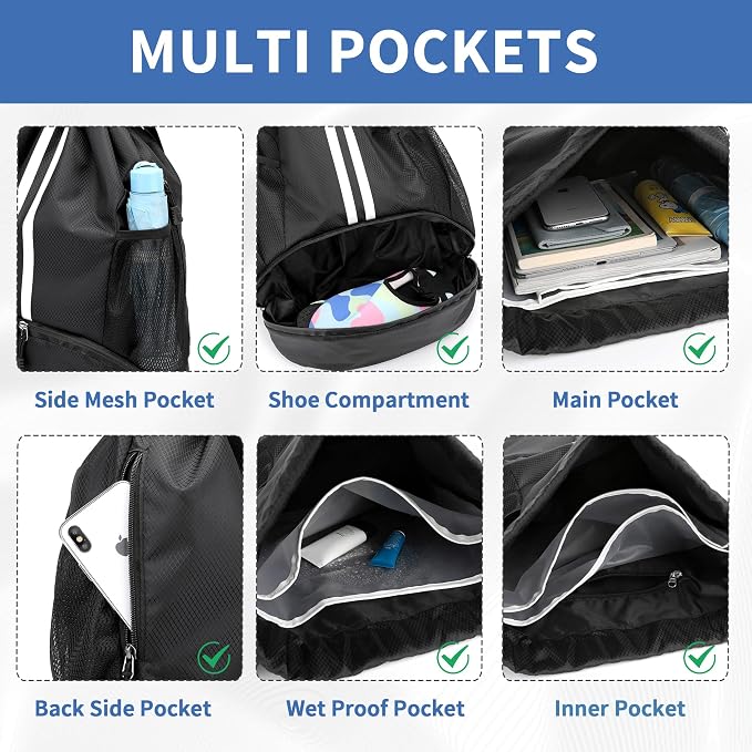 JELUTAR Drawstring Backpack Gym Bag with Shoes Compartment | Water-Resistant String Backpack for Soccer, Basketball, Swim, Beach Cinch for Women Men, 18L Large Capacity, Wet Pocket