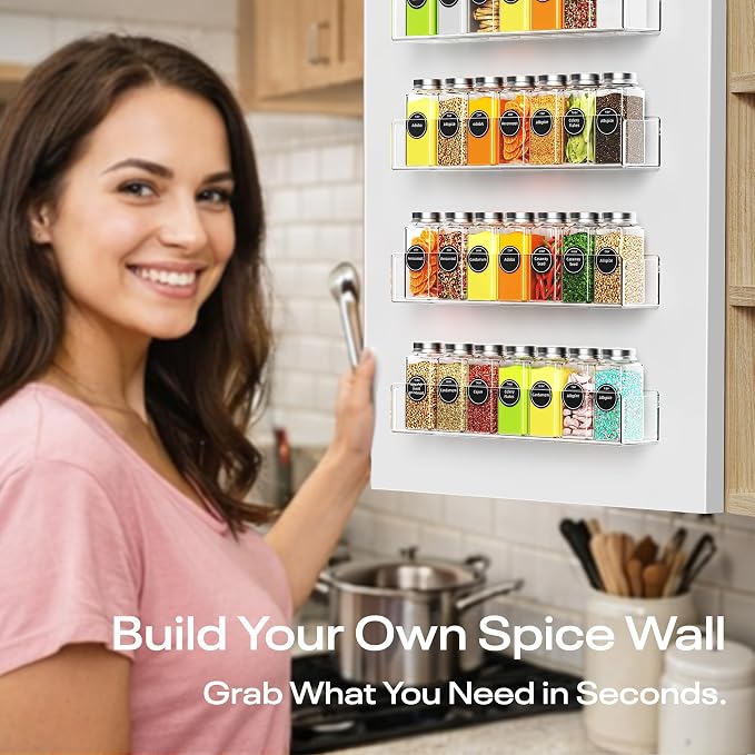 Wall Mounted Acrylic Spice Rack 4 Pack, 9 Inch Clear Pantry Door Organizer, Floating Spice Organizer, Adhesive or Screw Mounted Cabinet Seasoning Shelf