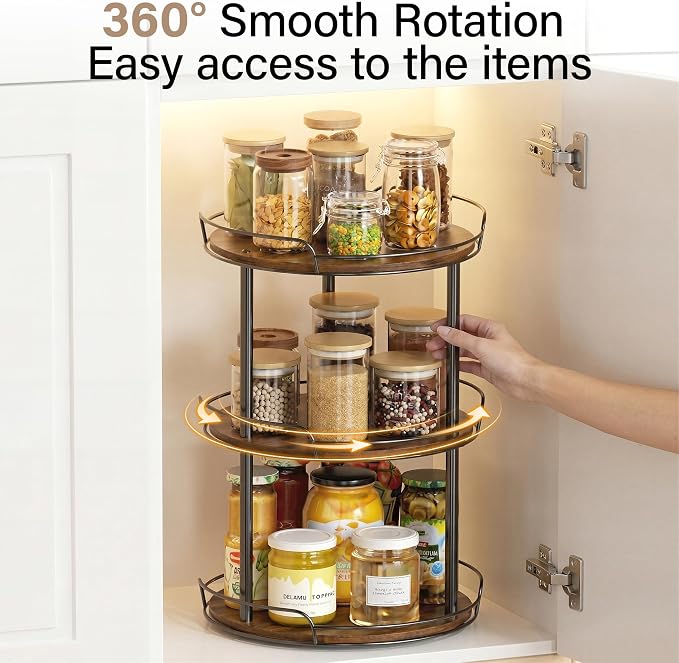 12'' Rotating Spice Rack, 3-Tier Lazy Susan Turntable Organizer | Wooden, for Cabinet, Table Top, Kitchen Countertop, Pantry, Bathroom, Vanity, Home Decor