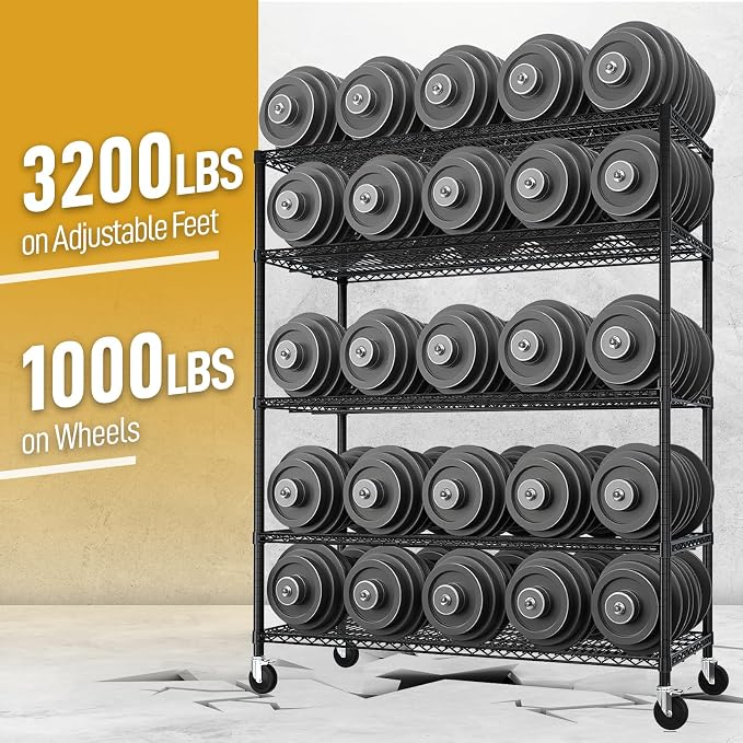 Karl home Heavy Duty 5-Tier Storage Shelving, Black Adjustable Metal Rack | 3200LBS Capacity Wire Storage Shelving Unit, 75.59"H x 55.12"W x 23.62"D, Multipurpose Organizer for Garage, Kitchen