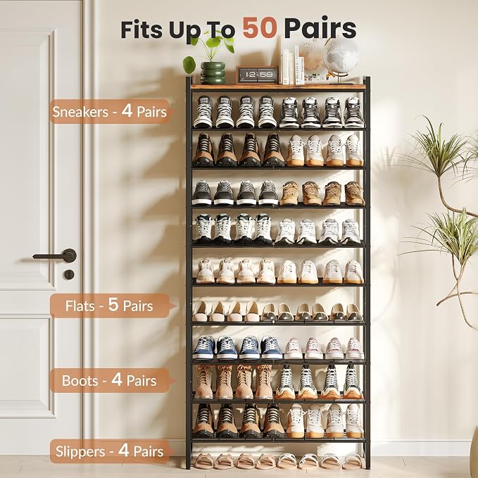 10 Tier Shoe Rack Organizer for 40-50 Pairs, Tall Metal Shoe Storage Shelf with Wood Top, Adjustable Boot Space, Narrow Design for Entryway Closet,Rustic Brown and Black