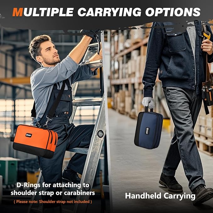 Tool Bag 2-Pack 12" 10", Divider Zipper Pouch, Small Tool Box Organizer | Waterproof, Heavy-duty Oxford, Smooth Zipper, Handle & D-Ring, Storage Case for Car Work Tool. Electrician Gift, Orange/Blue