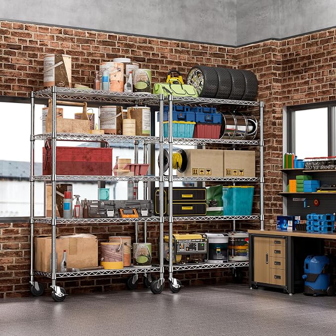 Garage Shelving Unit with Wheels, 48” Heavy Duty Metal Storage Shelf Rack | 5-Tier, 17.7" D x 47.2" W x 76.7" H, Adjustable Wire Rack Organizer, 1750 lbs Chrome Shelf for Kitchen, Pantry, Laundry Room