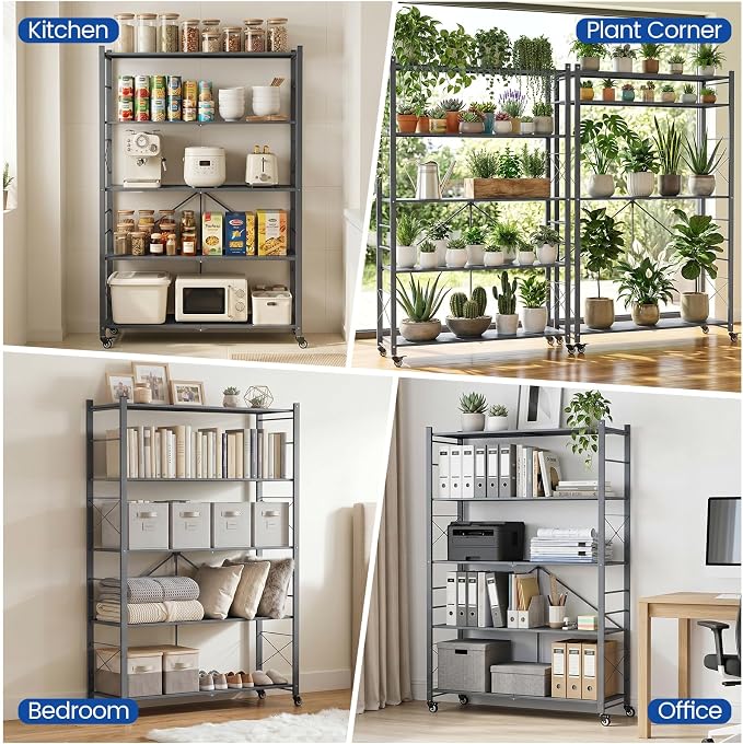 ALANNG 40" W Foldable 5-Tier Storage Shelves on Wheels Adjustable | Removable Metal Rack, Heavy Duty Rolling Organizer for Kitchen, Garage, Closet, Pantry, and Office (Grey,1 Pack)