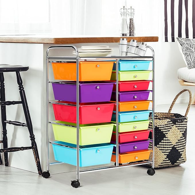 DREAMADE Rolling Cart with 15 Drawers, Rolling Drawer Organizer Cart w/Lockable Wheels, Removable & 2-Sized Storage Drawers, Art Cart for School Home Art Supplies Crafts File Scrapbook (Multi-color)