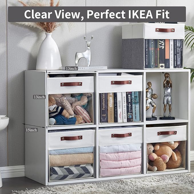 Bagnizer Storage Cubes, 4 Pack Linen Foldable Storage Bins with Clear Window and 2 Handles, 13x15x13 Storage Cube Bins for Shelf Closet, Kallax, Clothes, Books - (Gray / Off-White)