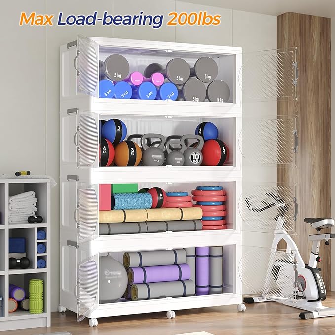 300Gal/1200QT 5-Tiers Extra Large Stackable Storage Bins with Lid, Collapsible Cabinet Closet Organizer Plastic Container Box with Wheels Doors Drawers for Living Room Kitchen Office, White