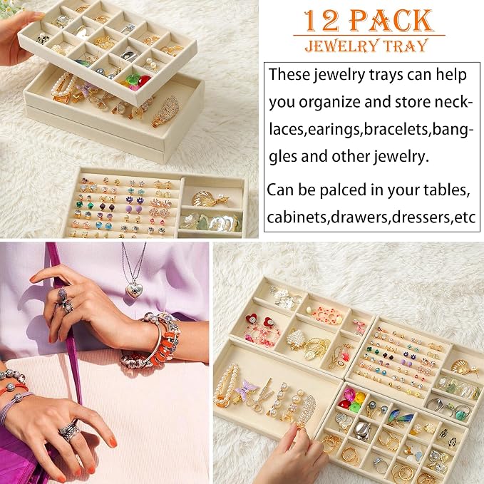 12Set Jewelry Trays Velvet Jewelry Display Plate Stackable Jewelry Drawer Organizer Earring Organizer for Women