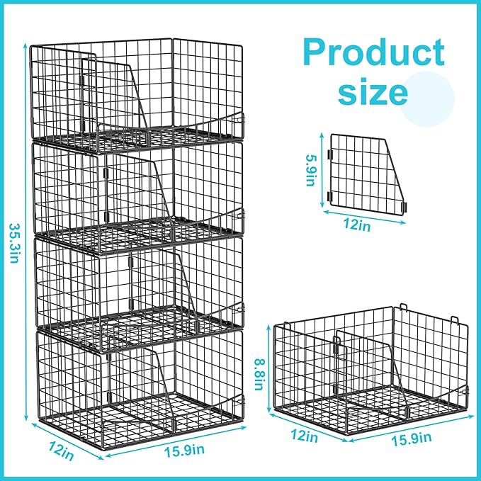 Hongtamoya 4-Tier Closet Organizers and Storage Shelves with Divider, Stackable Closet Shelf Organizer Basket Bins, Clothing Sweaters Storage Container for Wardrobe Cupboard, Black