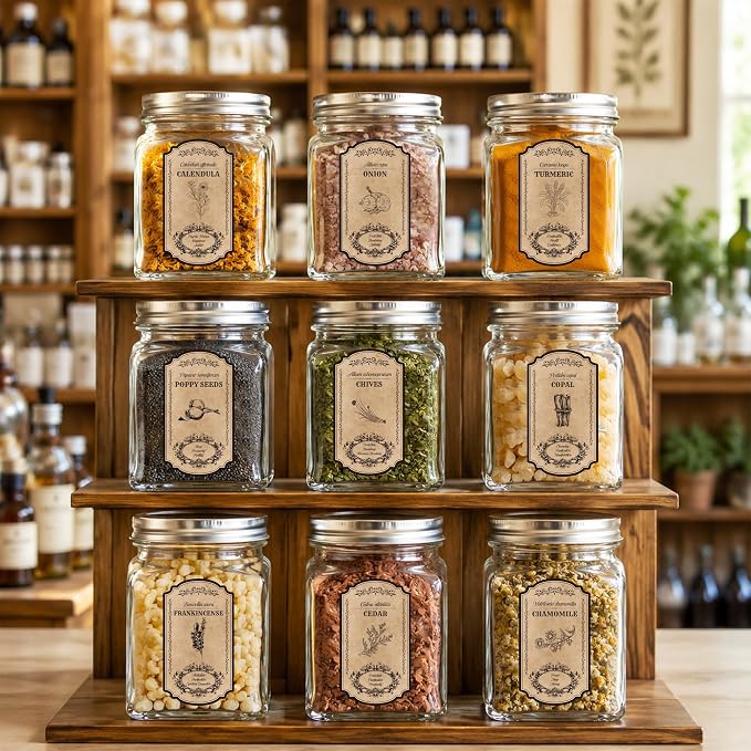 WATINC Vintage Herb and Spice Labels - 90PCS Apothecary Jar Stickers | Vintage Sketch Style, Waterproof Tags, Bottle Labels with Latin Names & Meanings, Various Designs for Kitchen Pantry