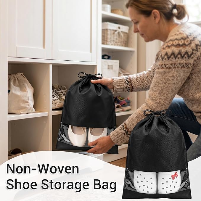 Large Shoe Bags for Packing with Clear Window, 17.3" X 12.6" Dustproof Drawstring Travel Shoe Storage Bags for Men & Women (10, Black)